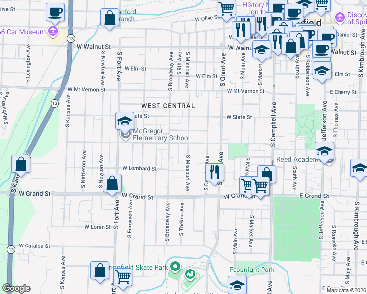 map of restaurants, bars, coffee shops, grocery stores, and more near 818 South Broadway Avenue in Springfield