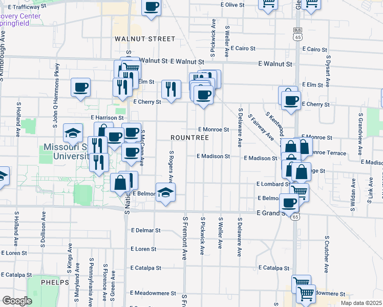 map of restaurants, bars, coffee shops, grocery stores, and more near 765 South Fremont Avenue in Springfield