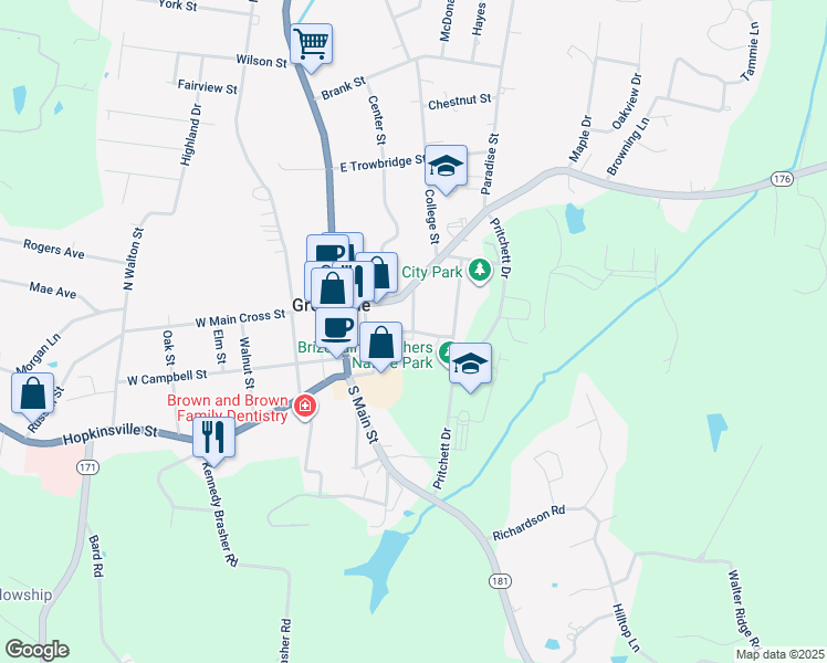 map of restaurants, bars, coffee shops, grocery stores, and more near Court Row in Greenville
