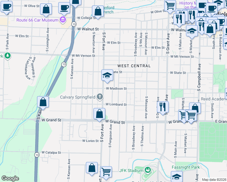 map of restaurants, bars, coffee shops, grocery stores, and more near 819 South New Avenue in Springfield