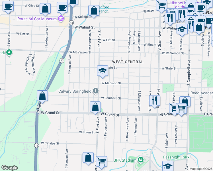 map of restaurants, bars, coffee shops, grocery stores, and more near 816 South Fort Avenue in Springfield