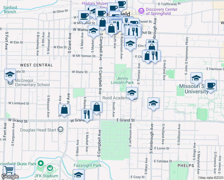 map of restaurants, bars, coffee shops, grocery stores, and more near 769 South Avenue in Springfield