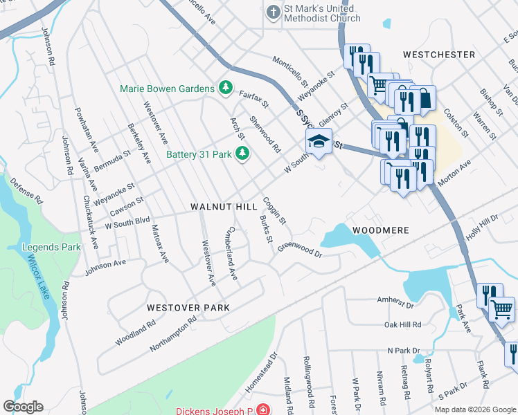 map of restaurants, bars, coffee shops, grocery stores, and more near 1915 Burks Street in Petersburg