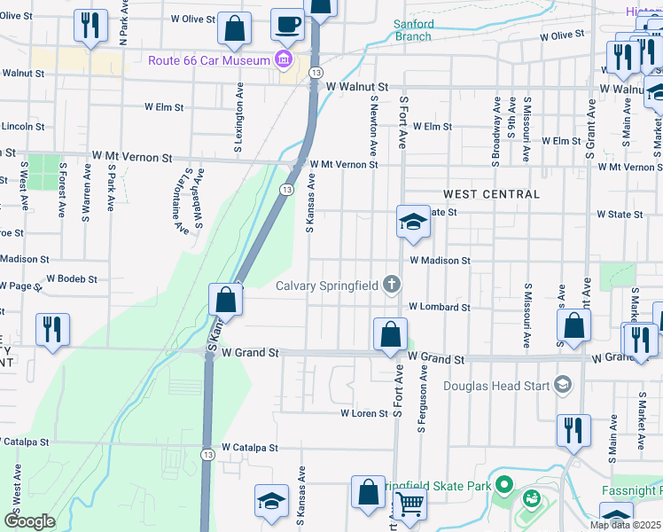map of restaurants, bars, coffee shops, grocery stores, and more near 816 South Kansas Avenue in Springfield
