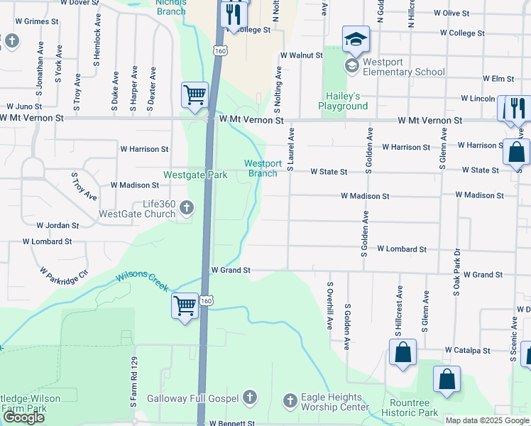 map of restaurants, bars, coffee shops, grocery stores, and more near 3450 West Page Street in Springfield