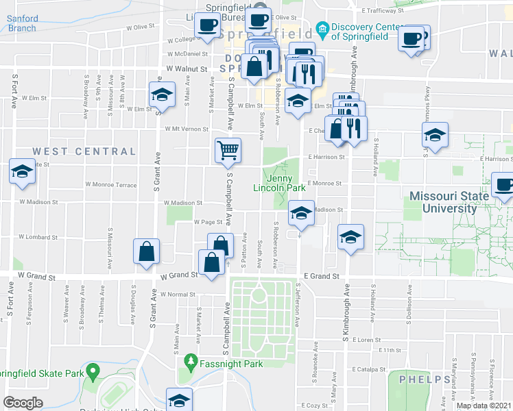 map of restaurants, bars, coffee shops, grocery stores, and more near 769 South Avenue in Springfield