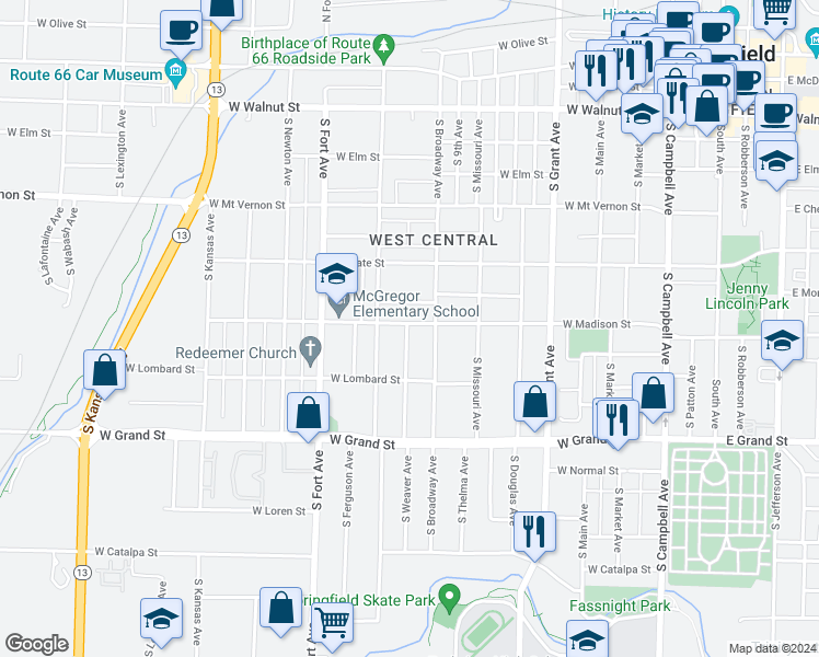 map of restaurants, bars, coffee shops, grocery stores, and more near 1024 West Madison Street in Springfield