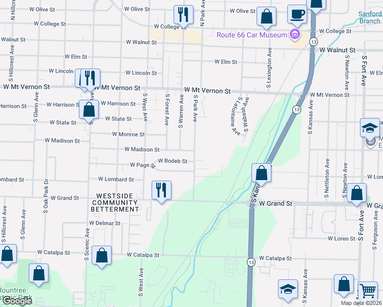 map of restaurants, bars, coffee shops, grocery stores, and more near 2205 West Bodeb Street in Springfield
