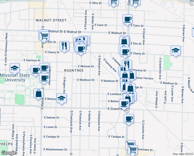 map of restaurants, bars, coffee shops, grocery stores, and more near 1500-1598 East Madison Street in Springfield