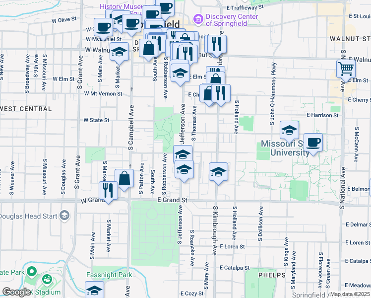 map of restaurants, bars, coffee shops, grocery stores, and more near 412 East Madison Street in Springfield