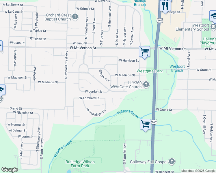 map of restaurants, bars, coffee shops, grocery stores, and more near 3758 West Kay Pointe Boulevard in Springfield