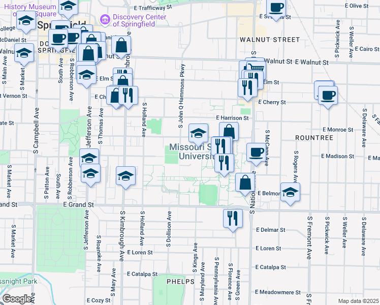 map of restaurants, bars, coffee shops, grocery stores, and more near 945 East Madison Street in Springfield