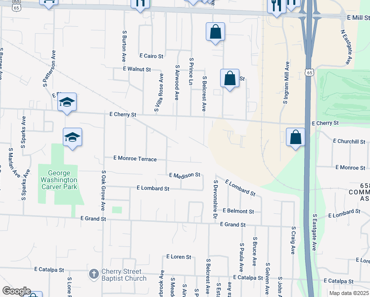 map of restaurants, bars, coffee shops, grocery stores, and more near 2909 East Monroe Terrace in Springfield