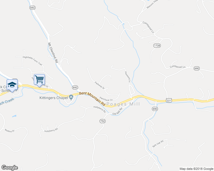 map of restaurants, bars, coffee shops, grocery stores, and more near 6710 Timberline Circle in Roanoke