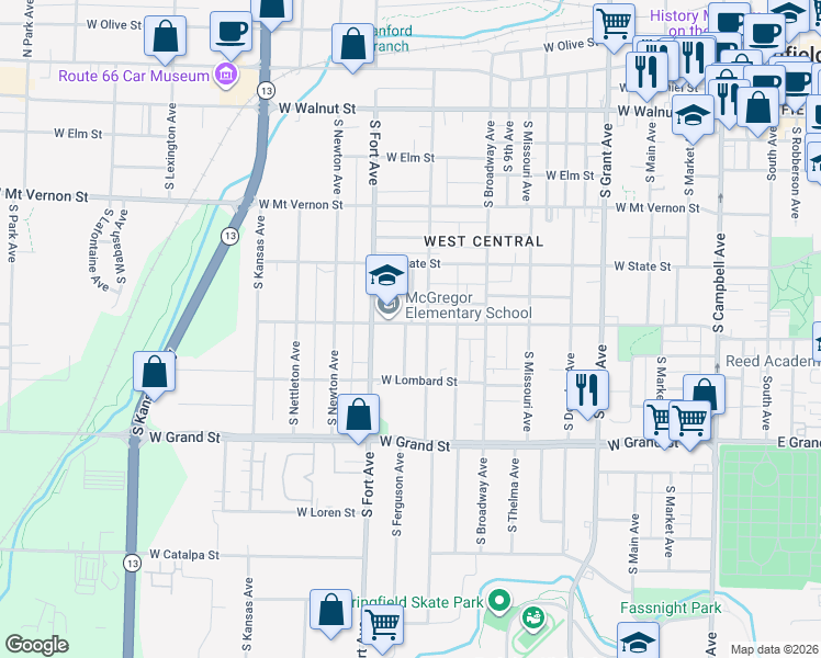 map of restaurants, bars, coffee shops, grocery stores, and more near 819 South New Avenue in Springfield
