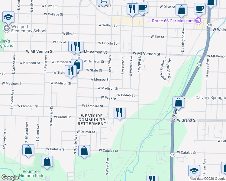 map of restaurants, bars, coffee shops, grocery stores, and more near 2435 West Bodeb Street in Springfield