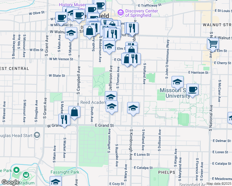 map of restaurants, bars, coffee shops, grocery stores, and more near 412 East Madison Street in Springfield