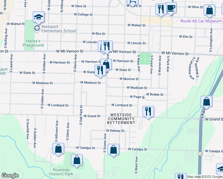 map of restaurants, bars, coffee shops, grocery stores, and more near 2639 West Page Street in Springfield