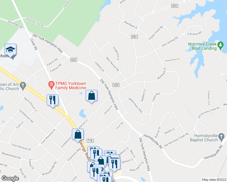 map of restaurants, bars, coffee shops, grocery stores, and more near 1009 Marlbank Drive in Yorktown