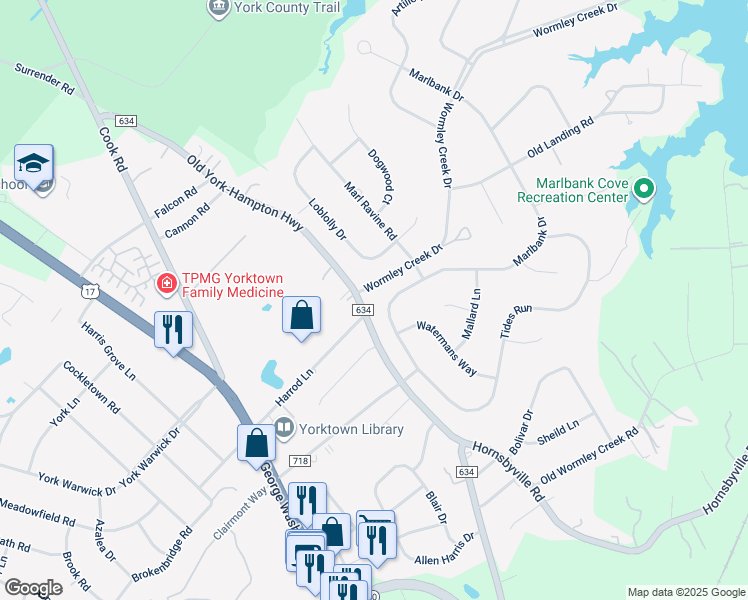 map of restaurants, bars, coffee shops, grocery stores, and more near 1009 Marlbank Drive in Yorktown