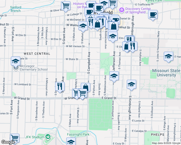 map of restaurants, bars, coffee shops, grocery stores, and more near 333 West Madison Street in Springfield