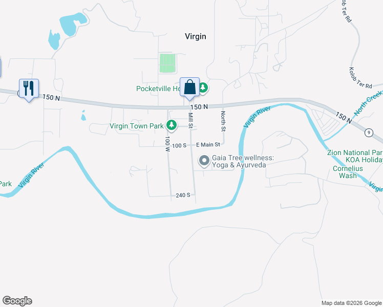 map of restaurants, bars, coffee shops, grocery stores, and more near Mill Street in Virgin