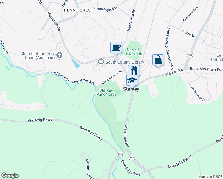 map of restaurants, bars, coffee shops, grocery stores, and more near 5737 Crystal Creek Drive in Roanoke