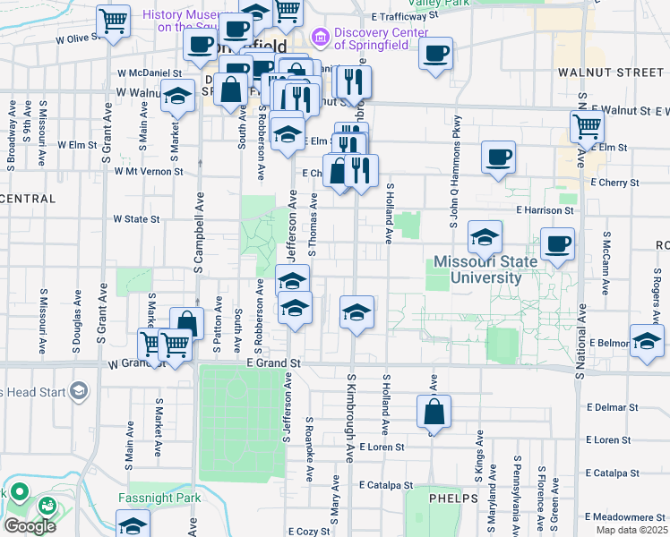 map of restaurants, bars, coffee shops, grocery stores, and more near 500 South Roanoke Avenue in Springfield