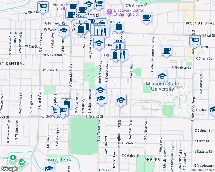 map of restaurants, bars, coffee shops, grocery stores, and more near 412 East Madison Street in Springfield