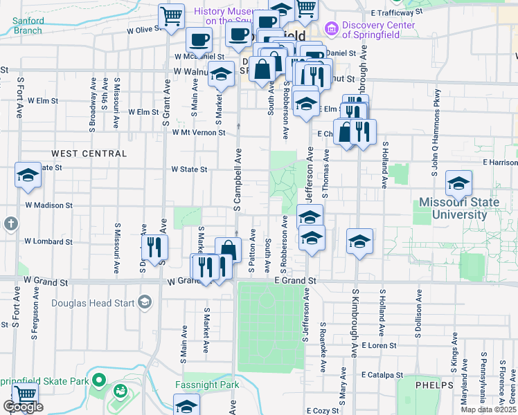 map of restaurants, bars, coffee shops, grocery stores, and more near 806 South Avenue in Springfield