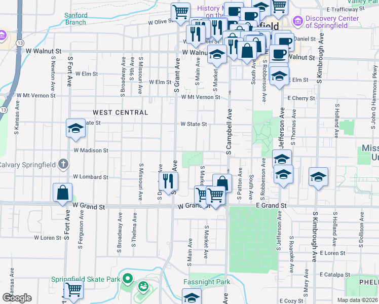 map of restaurants, bars, coffee shops, grocery stores, and more near 812 South Grant Avenue in Springfield