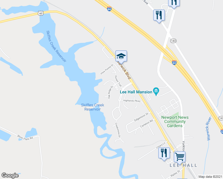 map of restaurants, bars, coffee shops, grocery stores, and more near 308 Oak Ridge Drive in Newport News