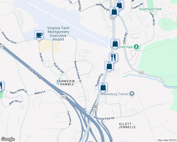 map of restaurants, bars, coffee shops, grocery stores, and more near 213 South Knollwood Drive in Blacksburg