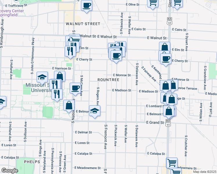 map of restaurants, bars, coffee shops, grocery stores, and more near 746 South Fremont Avenue in Springfield