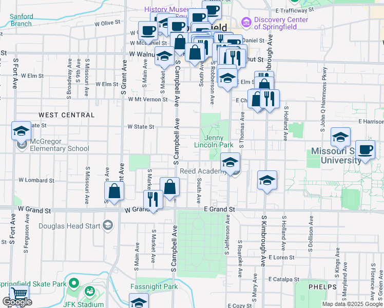 map of restaurants, bars, coffee shops, grocery stores, and more near 765 South Avenue in Springfield