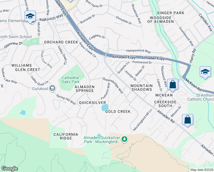map of restaurants, bars, coffee shops, grocery stores, and more near 1087 Foxhurst Way in San Jose