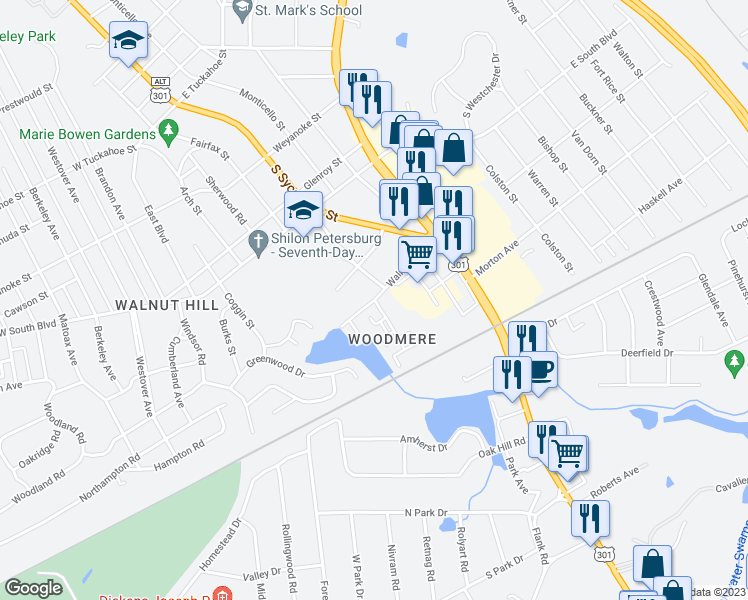 map of restaurants, bars, coffee shops, grocery stores, and more near 25 Walnut Boulevard in Petersburg