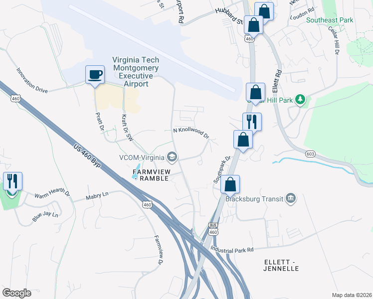 map of restaurants, bars, coffee shops, grocery stores, and more near 209 South Knollwood Drive in Blacksburg