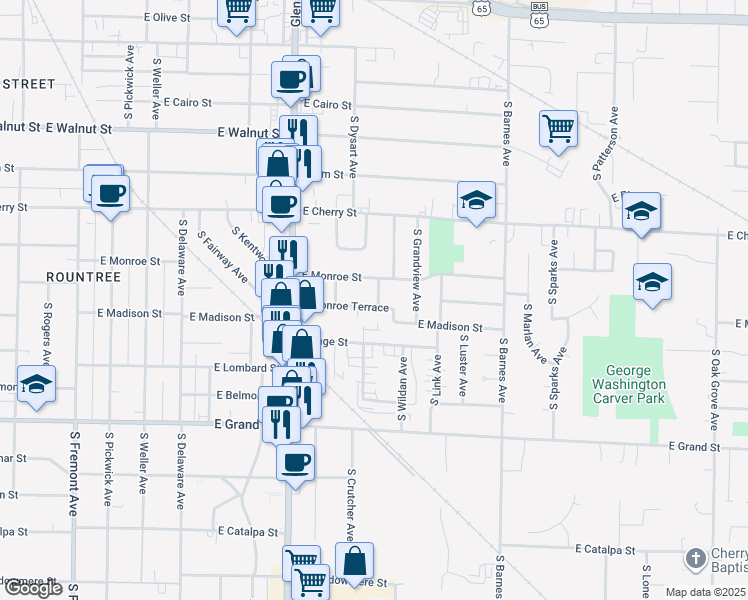 map of restaurants, bars, coffee shops, grocery stores, and more near 1945 East Monroe Terrace in Springfield