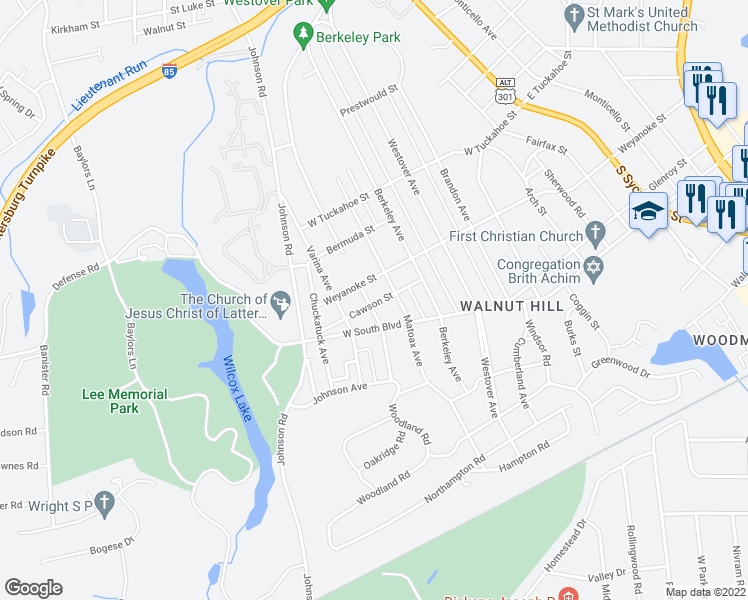 map of restaurants, bars, coffee shops, grocery stores, and more near 1819 Powhatan Avenue in Petersburg