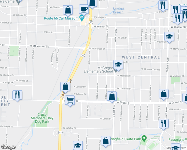 map of restaurants, bars, coffee shops, grocery stores, and more near 1519 West Madison Street in Springfield