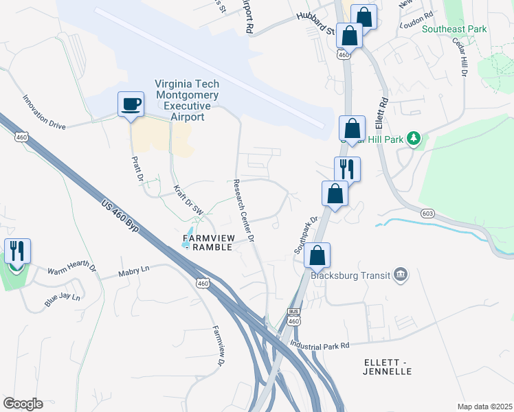 map of restaurants, bars, coffee shops, grocery stores, and more near 209 South Knollwood Drive in Blacksburg