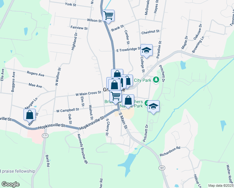 map of restaurants, bars, coffee shops, grocery stores, and more near 121 Main Street in Greenville