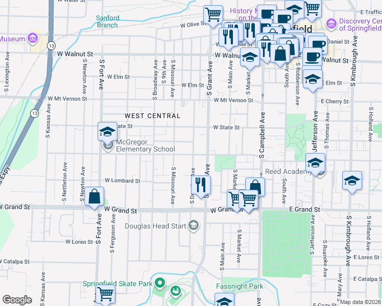 map of restaurants, bars, coffee shops, grocery stores, and more near 820 South Douglas Avenue in Springfield
