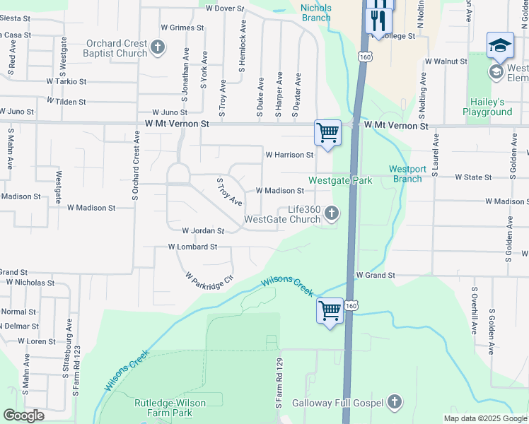 map of restaurants, bars, coffee shops, grocery stores, and more near 3719 West Kay Pointe Boulevard in Springfield