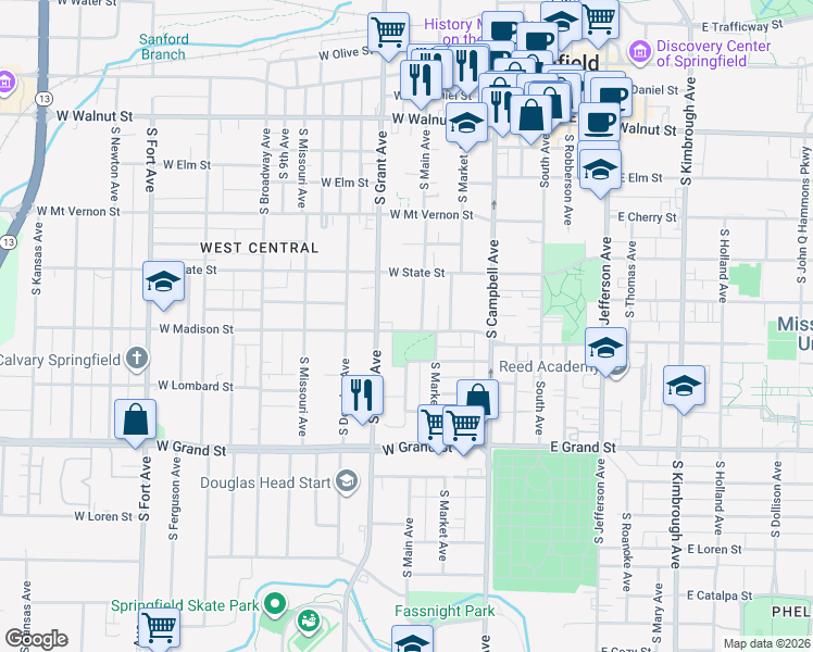 map of restaurants, bars, coffee shops, grocery stores, and more near 615 West Madison Street in Springfield