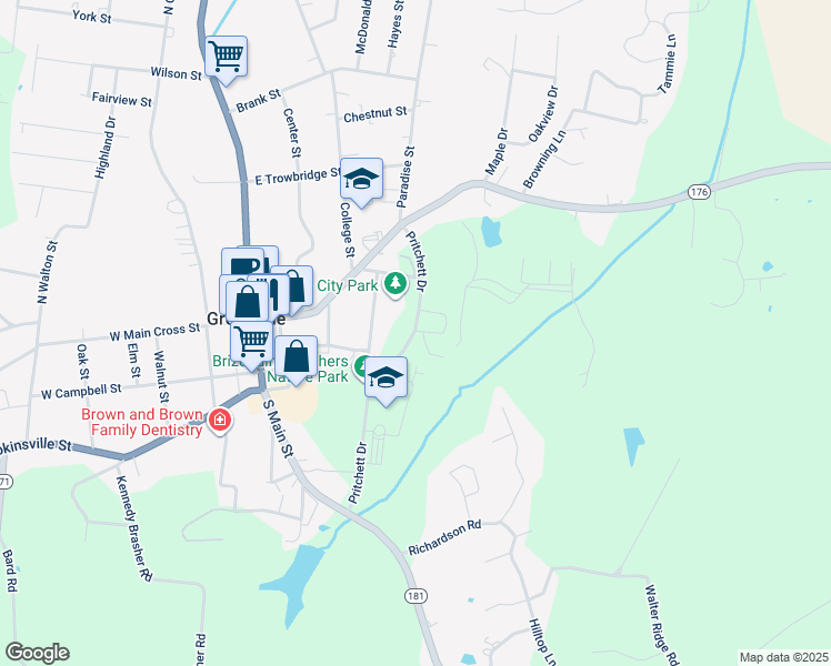 map of restaurants, bars, coffee shops, grocery stores, and more near 200 Pritchett Drive in Greenville
