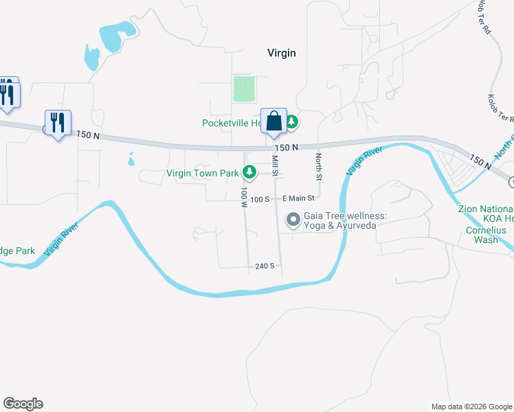 map of restaurants, bars, coffee shops, grocery stores, and more near 83 W 100 S in Virgin