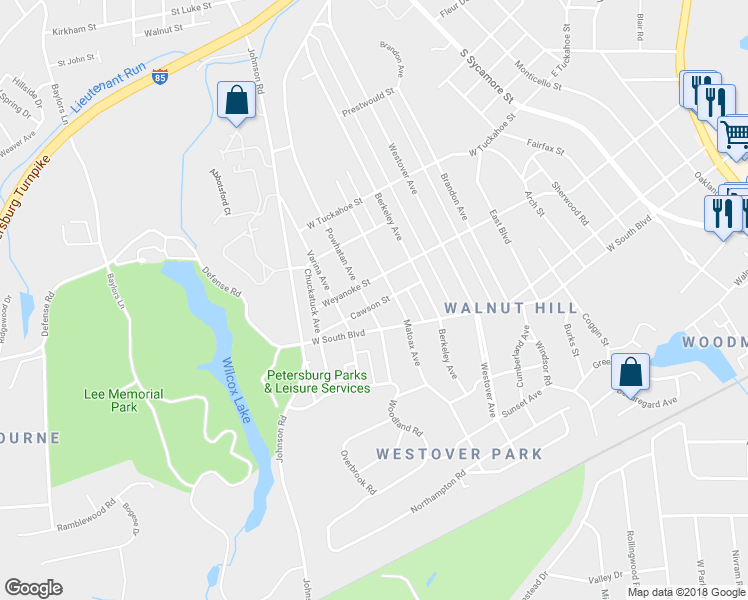 map of restaurants, bars, coffee shops, grocery stores, and more near 1827 Varina Avenue in Petersburg