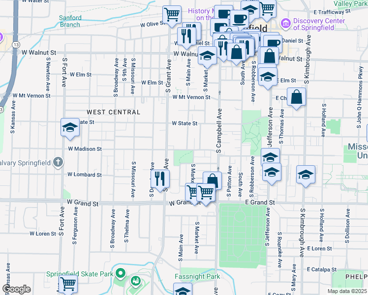map of restaurants, bars, coffee shops, grocery stores, and more near 453 West Page Street in Springfield